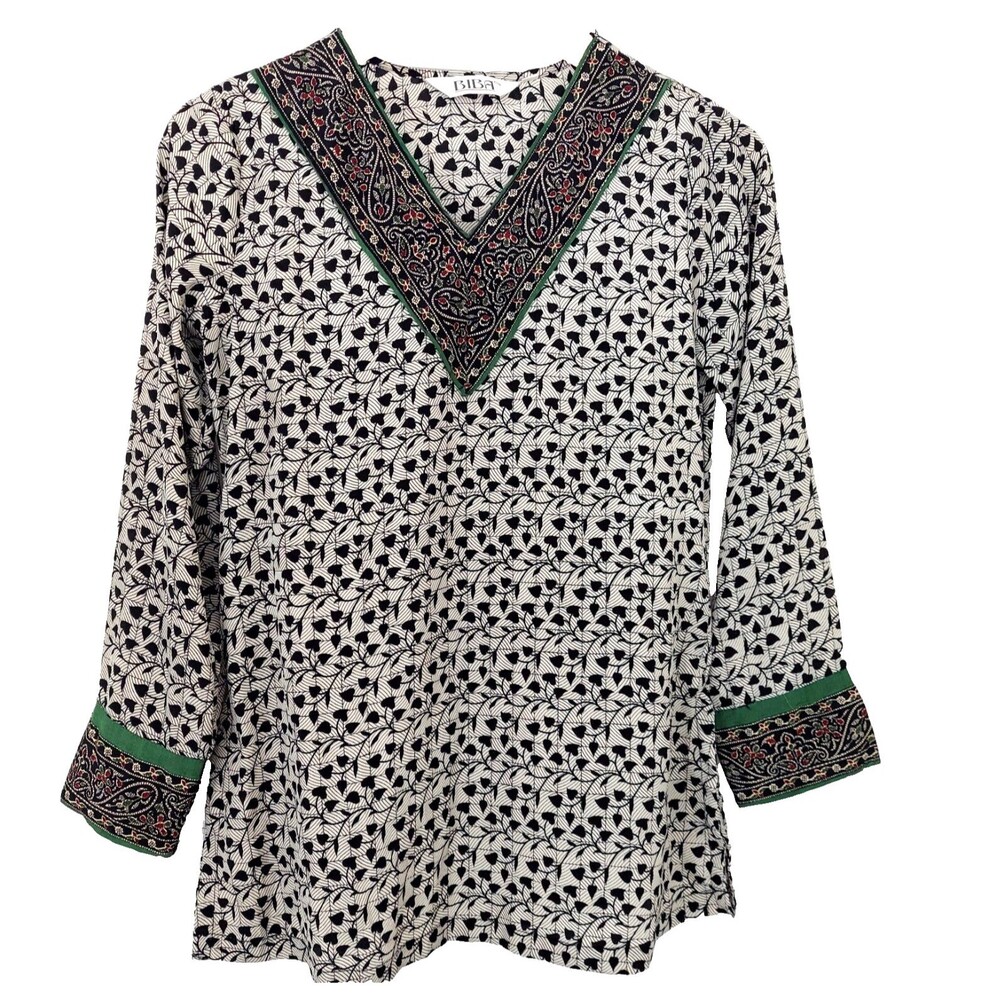BIBA Womens Tunic Top Size 34 M Black White Boho Chic Hippie